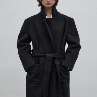 BLOSSOM韩国代购2025秋冬 时尚大口袋翻领系带长款羊绒羊毛外套女