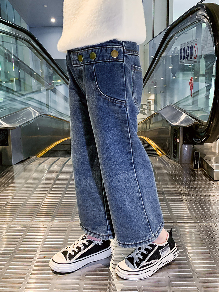Girls spring and autumn jeans 2021 new Western style thickened velvet wide leg pants children's trousers large children's pants autumn and winter