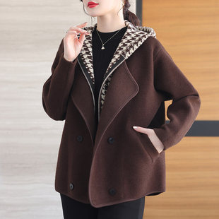 洋气胖妹妹毛呢短外套 双排扣时尚 西装 领连帽双面羊绒上衣女秋冬款