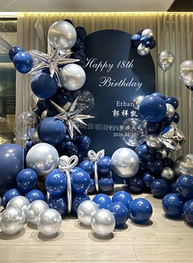 蓝色主题男孩18岁成人礼生日场景布置气球装饰派对kt板背景墙男士