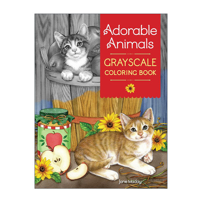 英文原版 Adorable Animals Grayscale Coloring Book 可爱动物着色书 猫咪 狗 涂色 Jane Maday 英文版 进口英语原版书籍