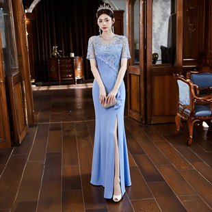 2026高定优雅鱼尾裙女高级感年会礼服修身开叉长裙气质短袖小个子