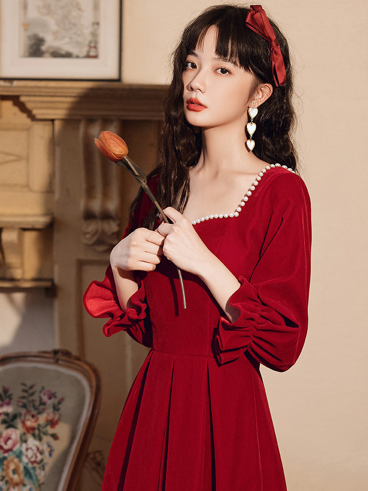 敬酒服新娘订婚日常小个子礼服裙红色回门连衣裙平时可穿法式红裙