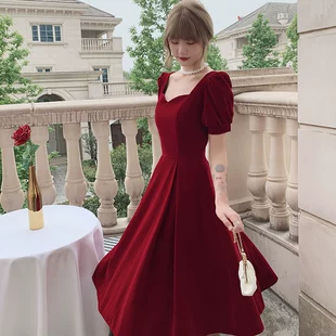 礼服2023新款 回门订婚方领连衣裙 新娘酒红色敬酒服平时可穿女夏季