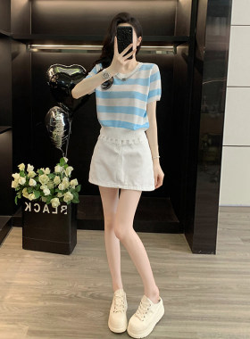 时尚套装女夏条纹撞色针织衫牛仔短裙减龄两件套巨好看夏装一整套