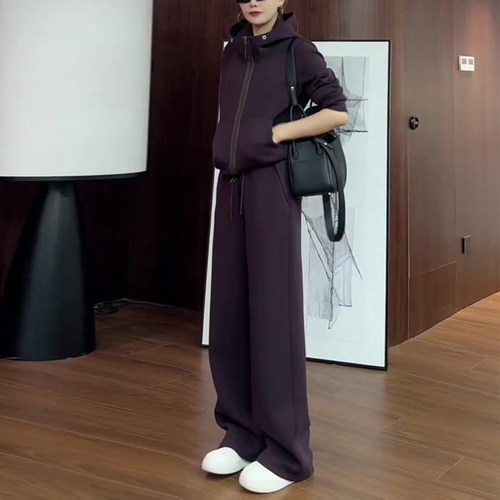 深紫色拉链连帽卫衣套装女春秋季高级感运动休闲阔腿裤穿搭两件套
