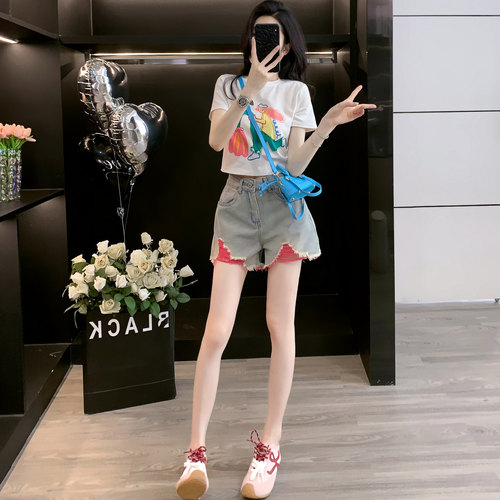 甜辣风时尚休闲套装女夏设计感卡通短袖牛仔短裤小个子穿搭一整套