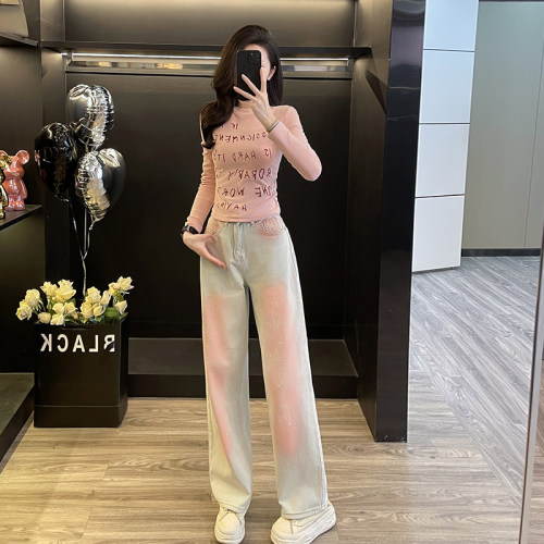 休闲套装女春秋季粉色长袖打底衫阔腿牛仔裤两件套减龄一整套穿搭