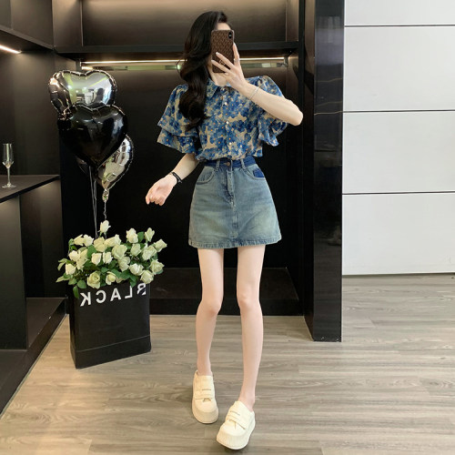 高级感时尚套装女夏法式复古碎花衬衫牛仔半身裙设计感穿搭一整套