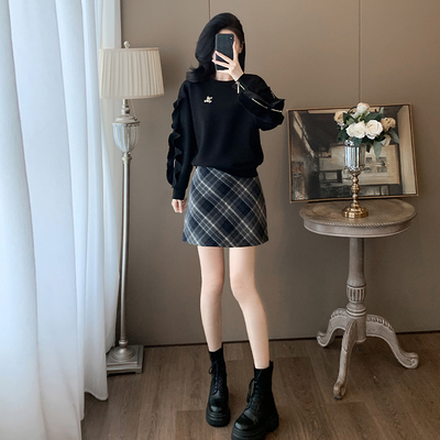 高级感休闲套装女春秋季半身裙穿搭一整套卫衣外套格纹短裙两件套