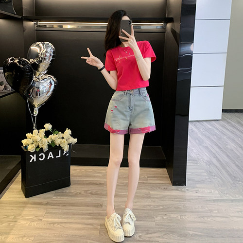 休闲套装女夏季短款短袖T恤牛仔短裤两件套小个子减龄穿搭一整套