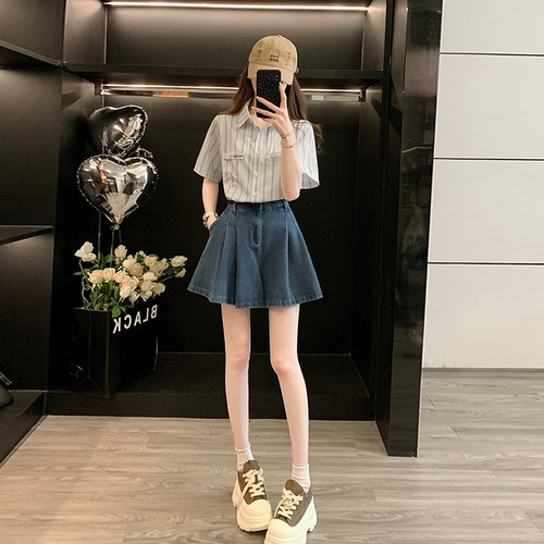 轻熟风休闲套装女夏季竖条纹短袖衬衫牛仔短裙裤设计感穿搭两件套