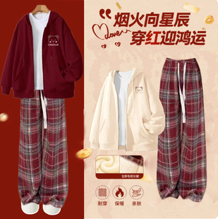 女童红色本命年过年服套装2026新款初中生秋冬加绒连帽外套拜年服