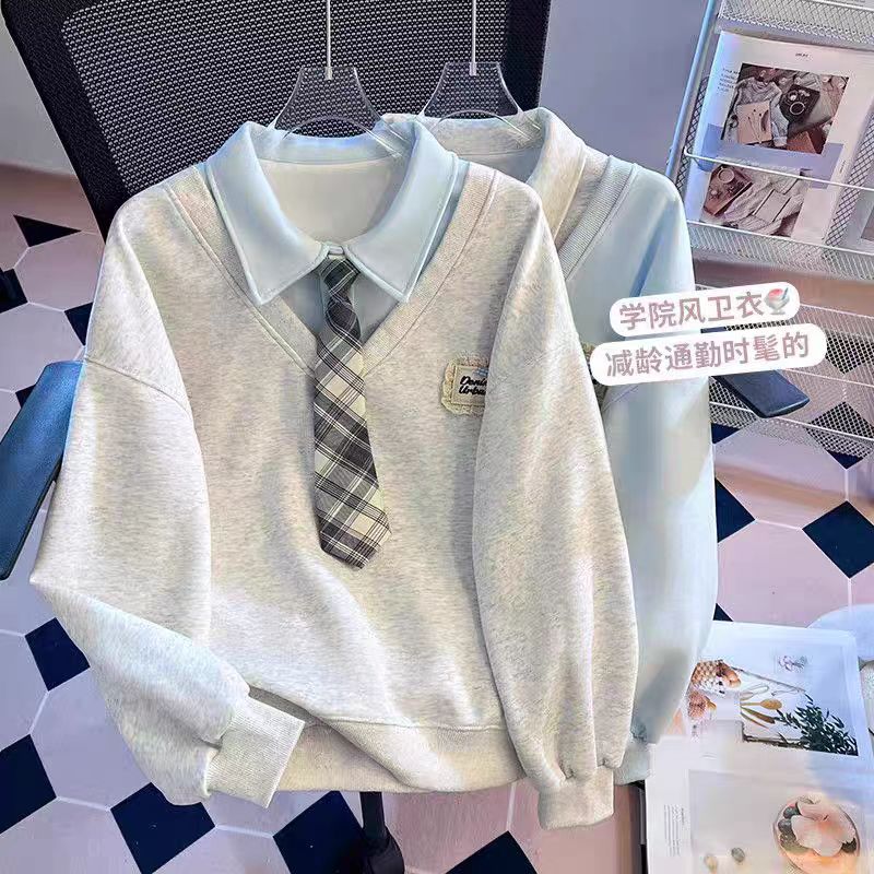 女童学院风假两件卫衣春秋2026新款小学生韩版新潮polo领长袖上衣