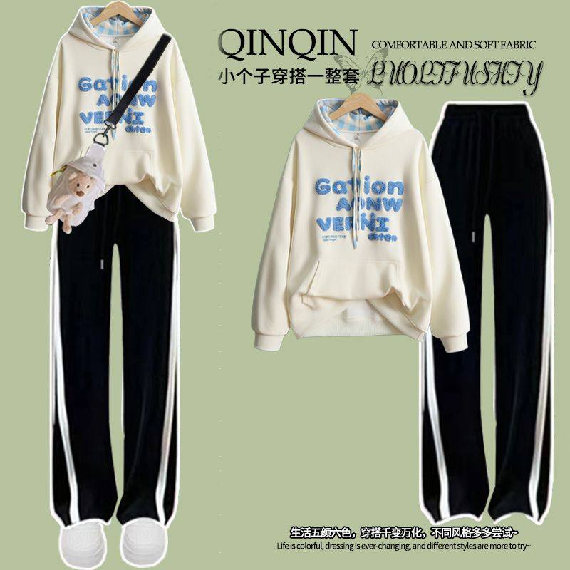 女童春秋卫衣运动套装2025新款学院风韩版连帽格子长袖两件套秋冬