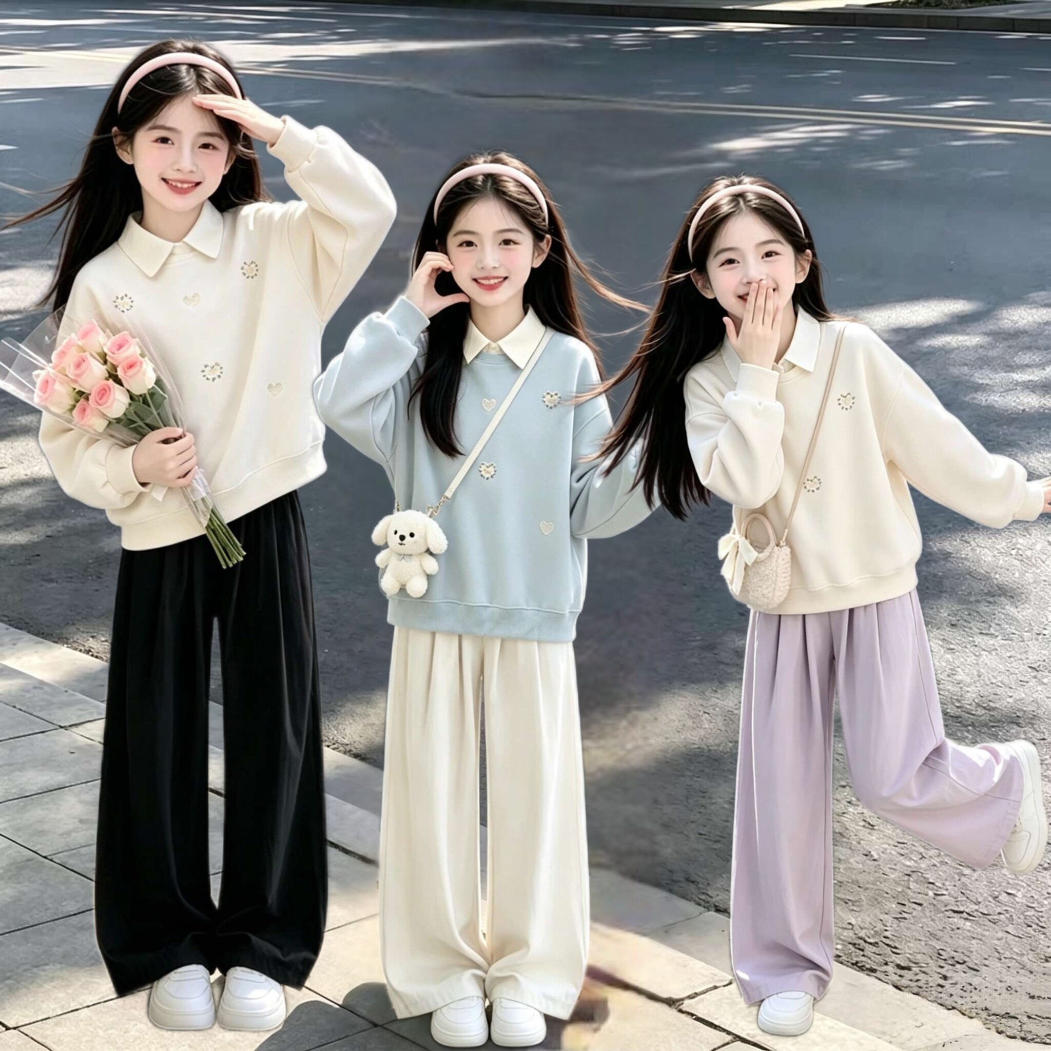 女童学院风卫衣套装春秋2026新款洋气翻领上衣阔腿裤两件套中大童
