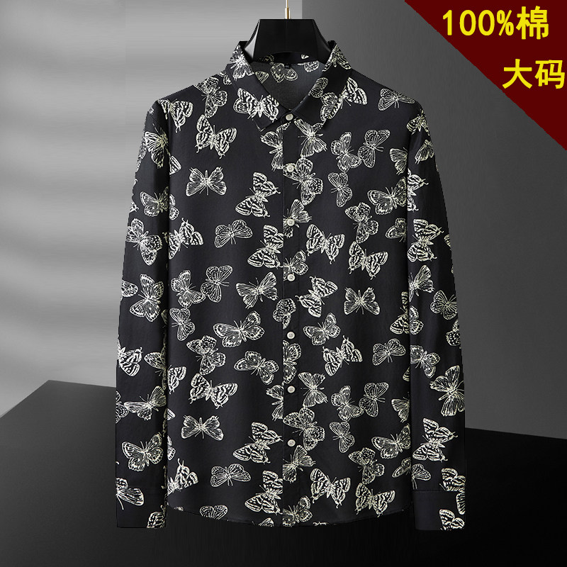 大码纯棉花衬衣男长袖加肥加大号胖子肥佬时尚港风印花衬衣潮流