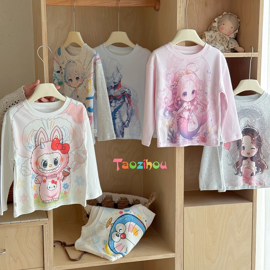 100棉【10A抗菌】3D立体数码印花纯棉儿童卡通打底衫长袖T25t65