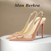 漆皮裸色V扣高跟鞋 女细跟 法式 2025春夏新款 性感尖头后空包头凉鞋