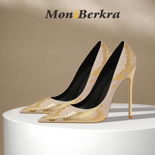 2025时尚性感蛇纹高跟鞋女细跟性感浅口欧美气质尖头网红裸色单鞋