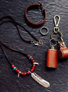 goro高桥925银羽毛天然松石鹰头珠鹿皮绳琉璃珠项链男女百搭礼物