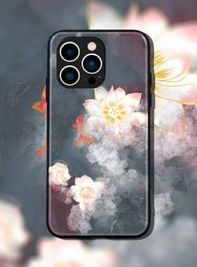 中国风锦鲤荷花适配iPhone14ProMAX/13/12/11暗黑复古风华为Mate60Pro荣耀OPPO小米VIVO全包钢化玻璃手机壳