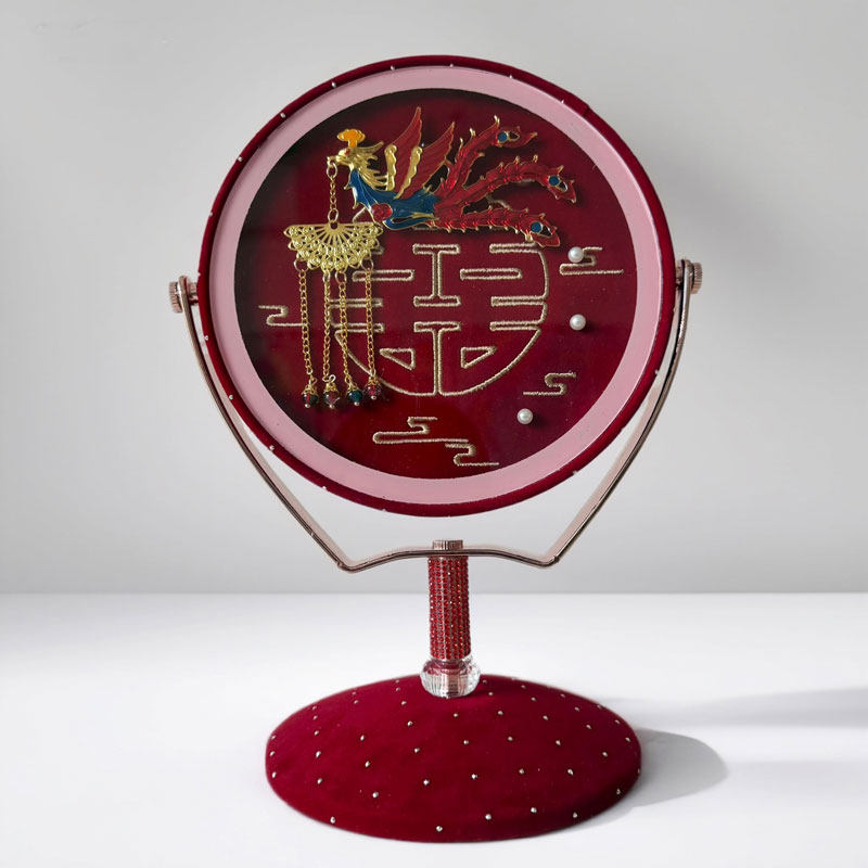 新款结婚刺绣镜子一对 创意酒红凤凰喜字台式化妆镜陪嫁用品 包邮