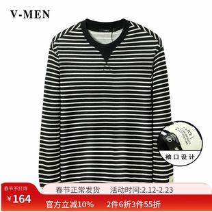 VMEN威曼新款条纹长袖T恤男免烫套头圆领休闲上衣秋季外套022W219