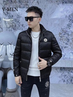 VMEN威曼短款羽绒服男2023冬季新款潮流立领徽章90白鸭绒保暖外套