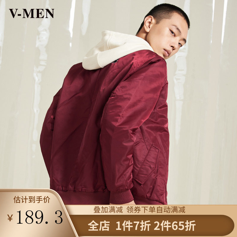 VMEN威曼酒红色夹克棉服潮流字母刺绣青年男棉衣短外套841912668
