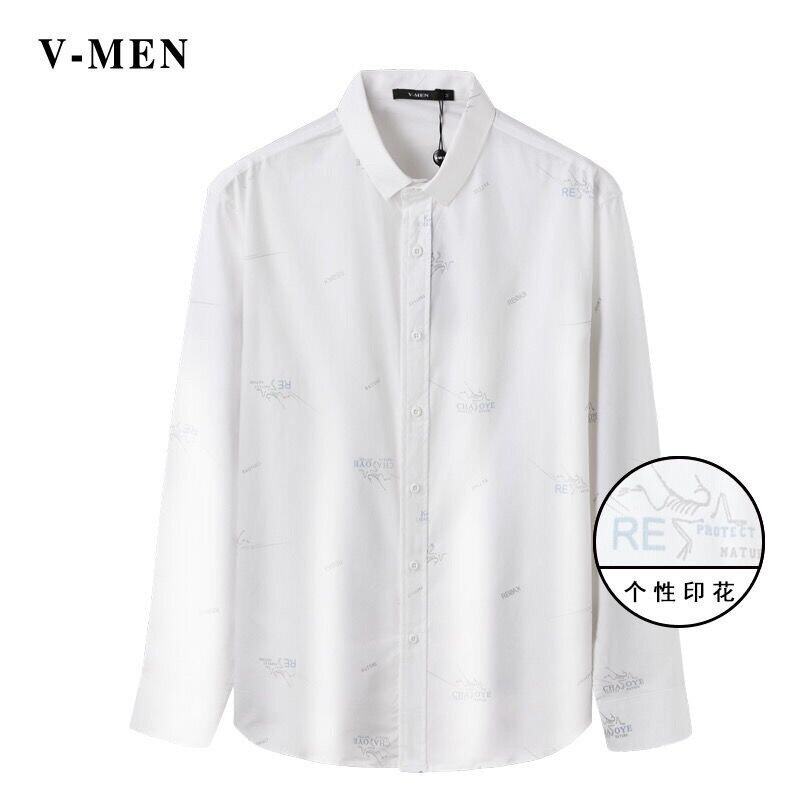 VMEN威曼男装白色长袖衬衫男新款时尚印花休闲百搭衬衣男V023S902