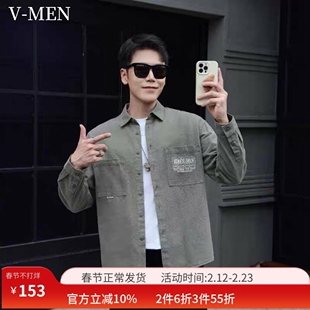 VMEN威曼新款春秋工装休闲衬衫外套翻领宽松长袖纯棉男士纯色上衣