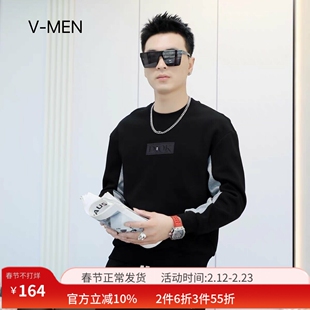 VMEN威曼圆领卫衣男秋季新款时尚印花休闲潮套头长袖撞色上衣W878