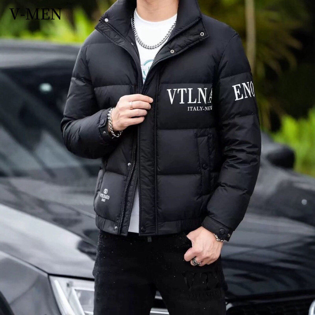 VMEN威曼高端肌理格纹行线白鸭绒加厚羽绒服男士冬季保暖立领外套