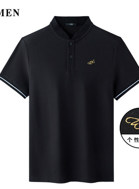 VMEN威曼夏季新款立领黑色POLO衫男潮流刺绣青年T恤纯棉V021P115