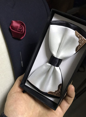 bow tie 男新郎伴郎正装结婚礼服兄弟团黑底白色金属包角蝴蝶领结