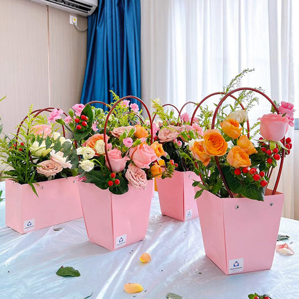 牛皮纸手提袋彩色防水鲜花手拎袋花束包装材料插花活动盒多肉礼盒