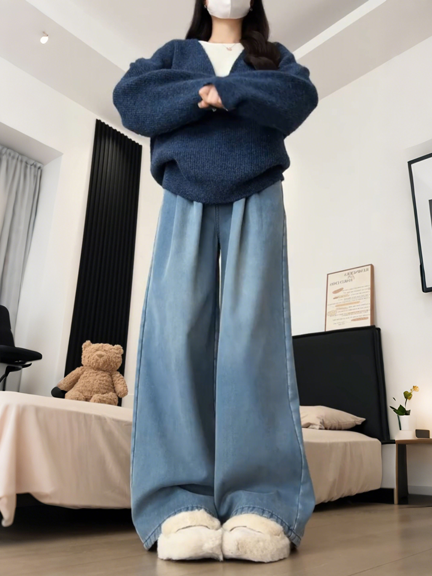 150kg Fleece-Lined Jeans for Women, New Autumn and Winter Cotton Pants, Plus Size, Slimming Straight-Leg Wide-Leg Pants, Thickened Trousers