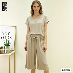 两件套宽松大码 高腰抽绳飞边七分裤 家居服 V领T恤衫 跨境莫代尔夏季