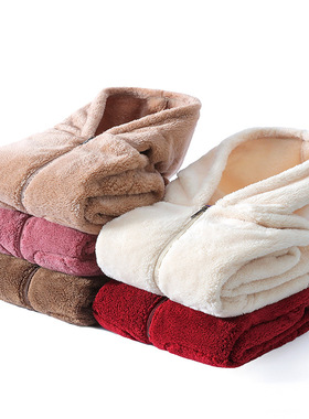 女士冬季加厚珊瑚绒外套连帽拉链抓绒卫衣单件睡衣家居服外穿上衣