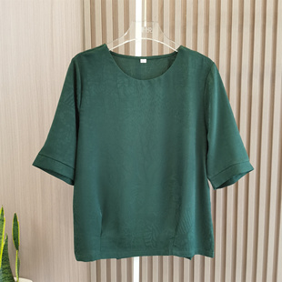 中年妈妈装夏装洋气高端杭州丝绸上衣服中老年人女短袖T恤墨绿色