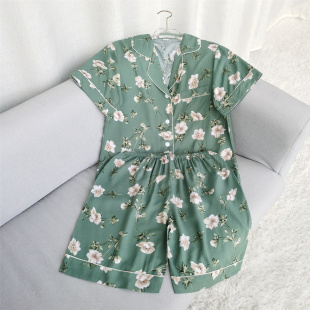 新款棉绸短袖短裤清雅花色系睡衣套装 家居服 女款可外穿