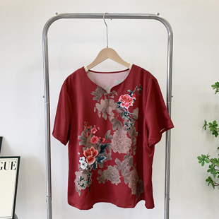 丝缎上衣妈妈夏装短袖2024新款中年t恤中老年女款真丝小衫牡丹花
