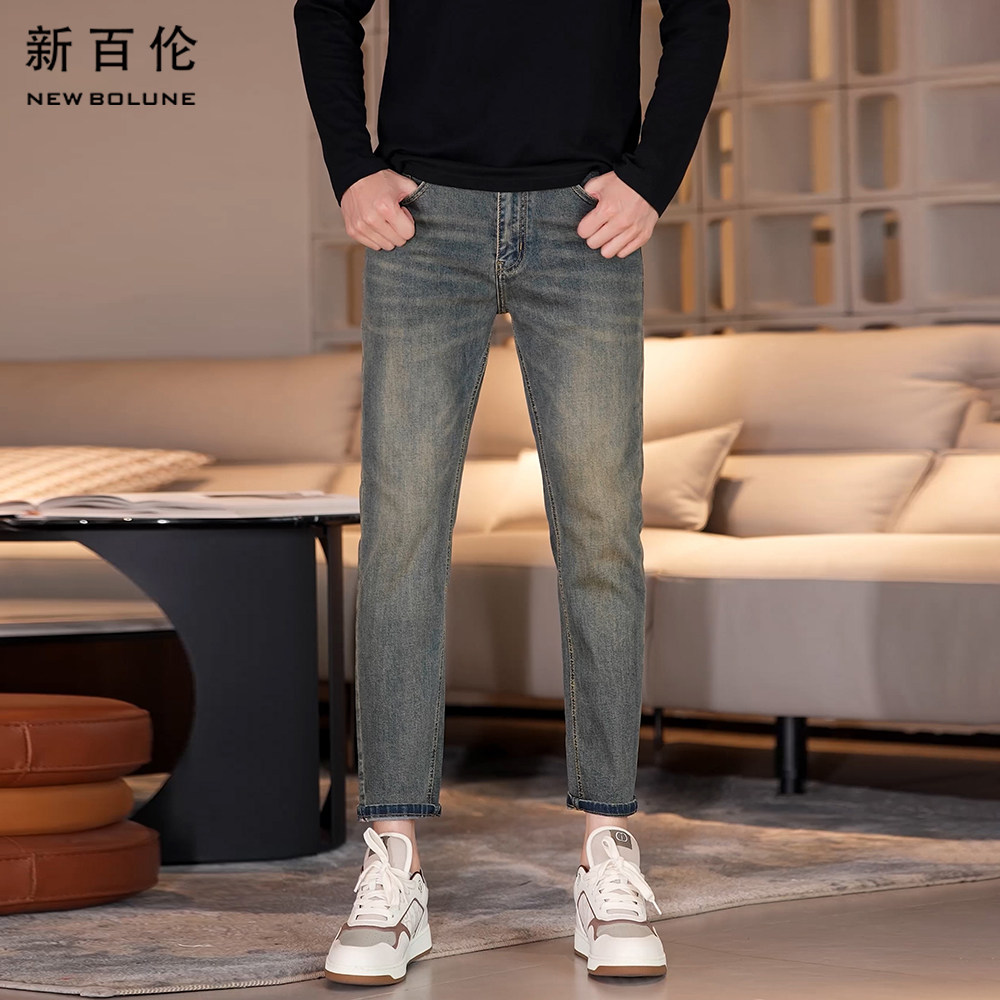 新百伦春夏九分牛仔裤男怀旧蓝2026新款轻奢修身百搭直筒男款长裤