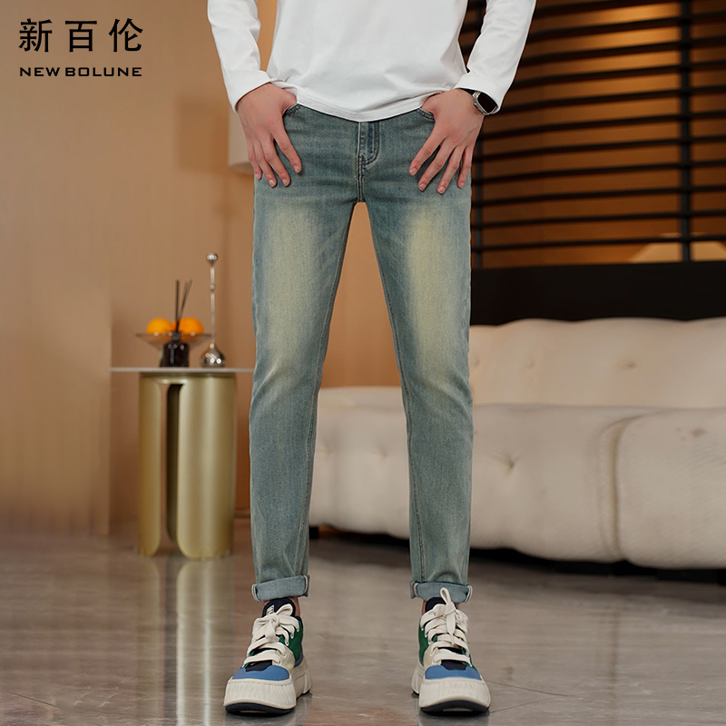 新百伦夏季九分牛仔裤男浅复古2025新款轻奢修身百搭直筒男款长裤