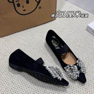 小个子增高3cm尖头绒面单鞋女2025新款法式浅口晚晚风玛丽珍鞋女
