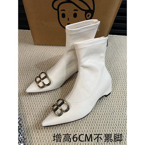 白色尖头内增高6CM瘦瘦短靴女