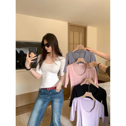 小众简约修身显瘦U领中袖T恤女装夏季百搭韩系掐腰短款五分袖上衣