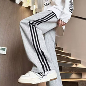 子男女春夏季 运动休闲长裤 薄款 美式 宽松直筒条纹抽绳速干裤 280G裤