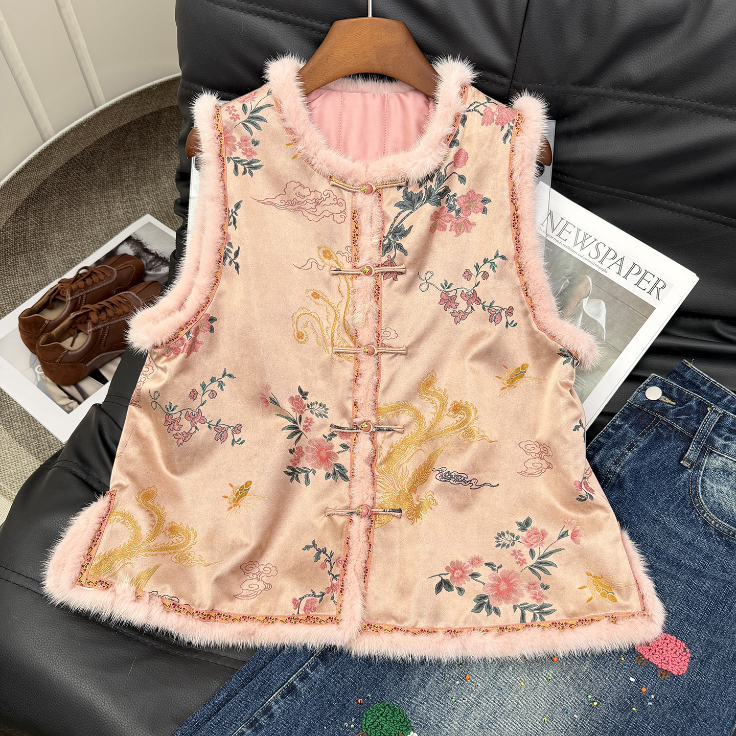 【粉时】新中式冬季棉羊绒夹棉背心马甲女花卉提花水貂毛国风上衣